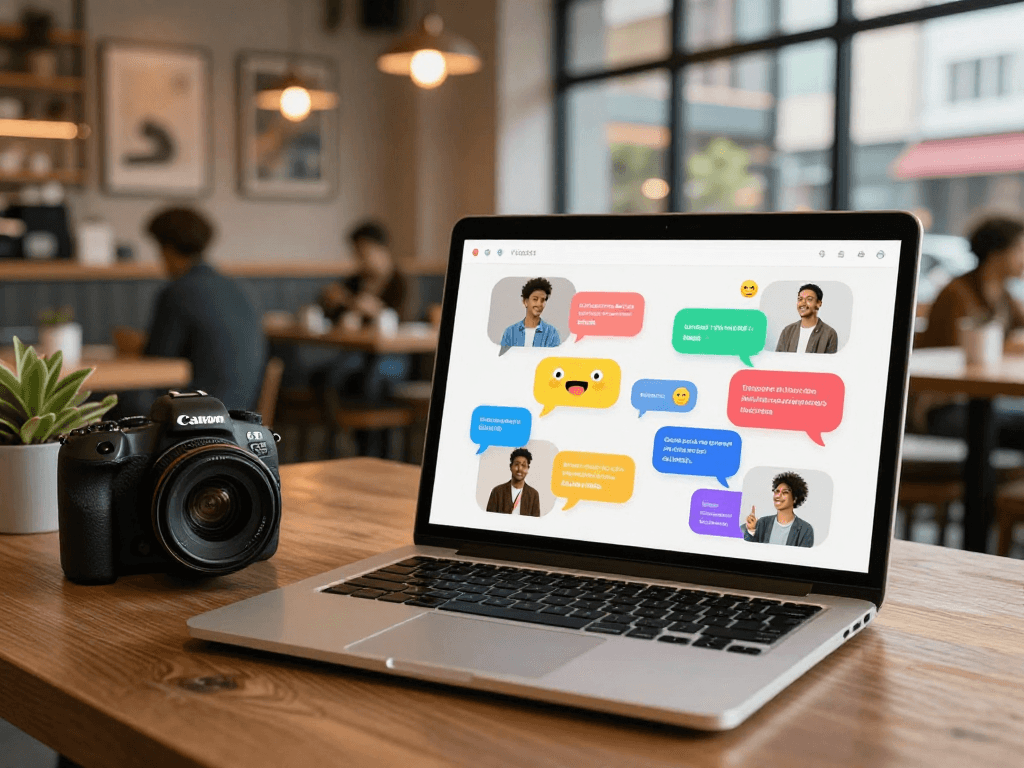 Engaging spicy chat scene with diverse users interacting in a vibrant café setting, highlighting lively discussions.