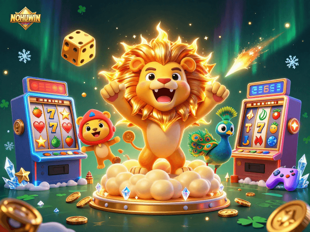 NOHUWIN captivates players with a vibrant 3D slot illustration featuring a roaring lion and dazzling jackpot elements.