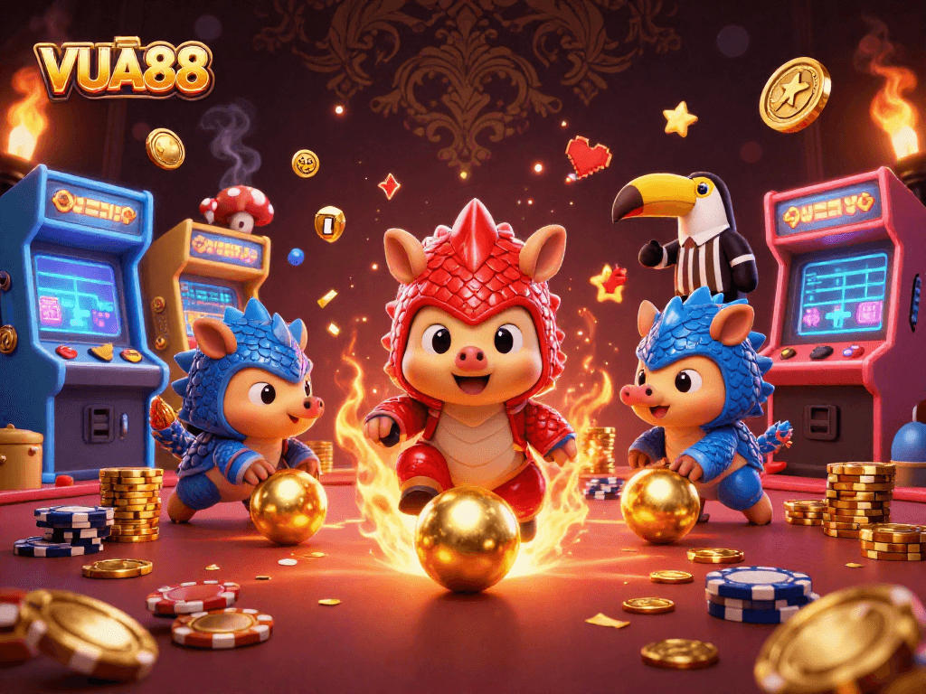 VUA88 pangolins compete in a vibrant casino scene filled with golden chips and 3D game elements.