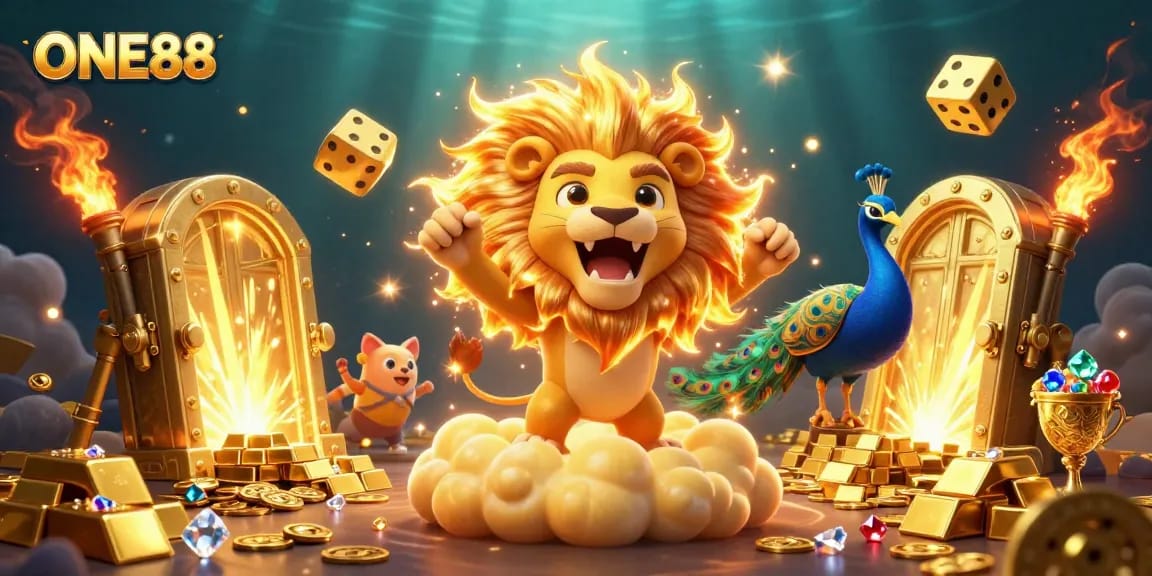 Experience the luxury of ONE88 with a roaring sun lion and golden dice in an extravagant casino scene.