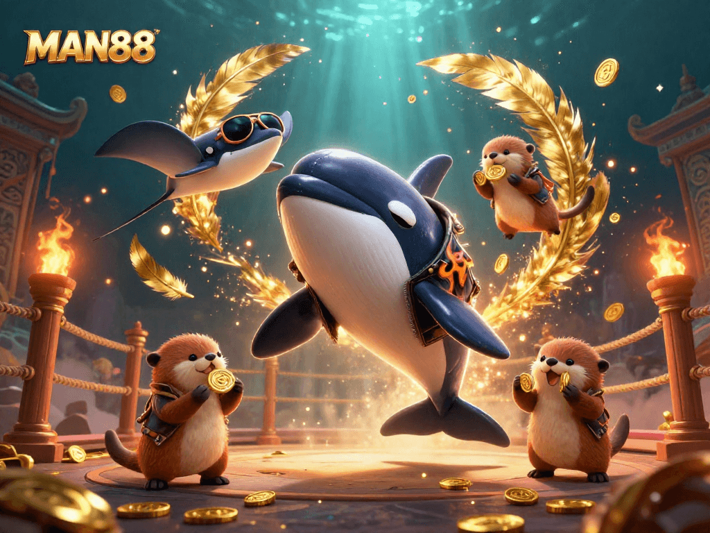 MAN88 brings thrilling underwater gaming with orca & otters in a vibrant casino scene.