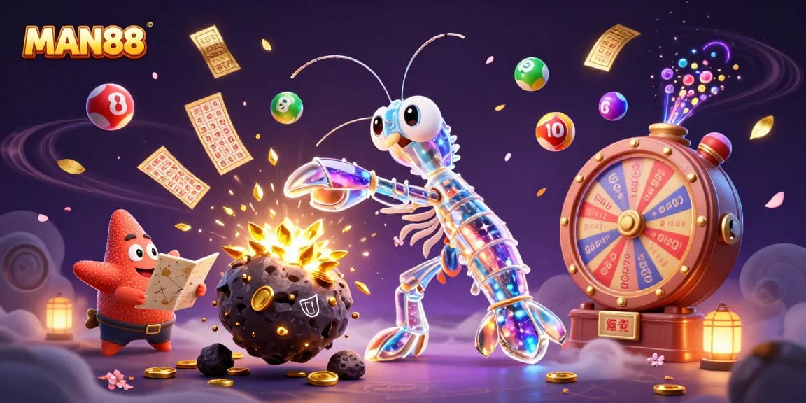 Experience the excitement of MAN88 as the galactic samurai mantis shrimp conquers an asteroid, amidst a rain of gold and dynamic lottery elements.