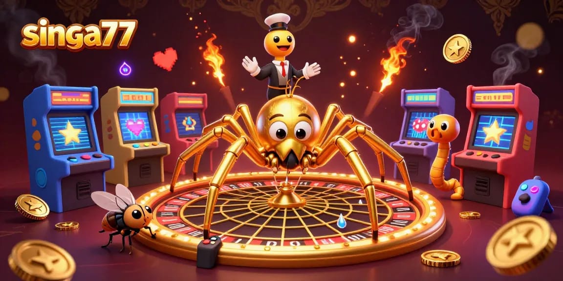 Singa77 offers an exciting roulette wheel scene with a spider and croupier engaging in playful betting.