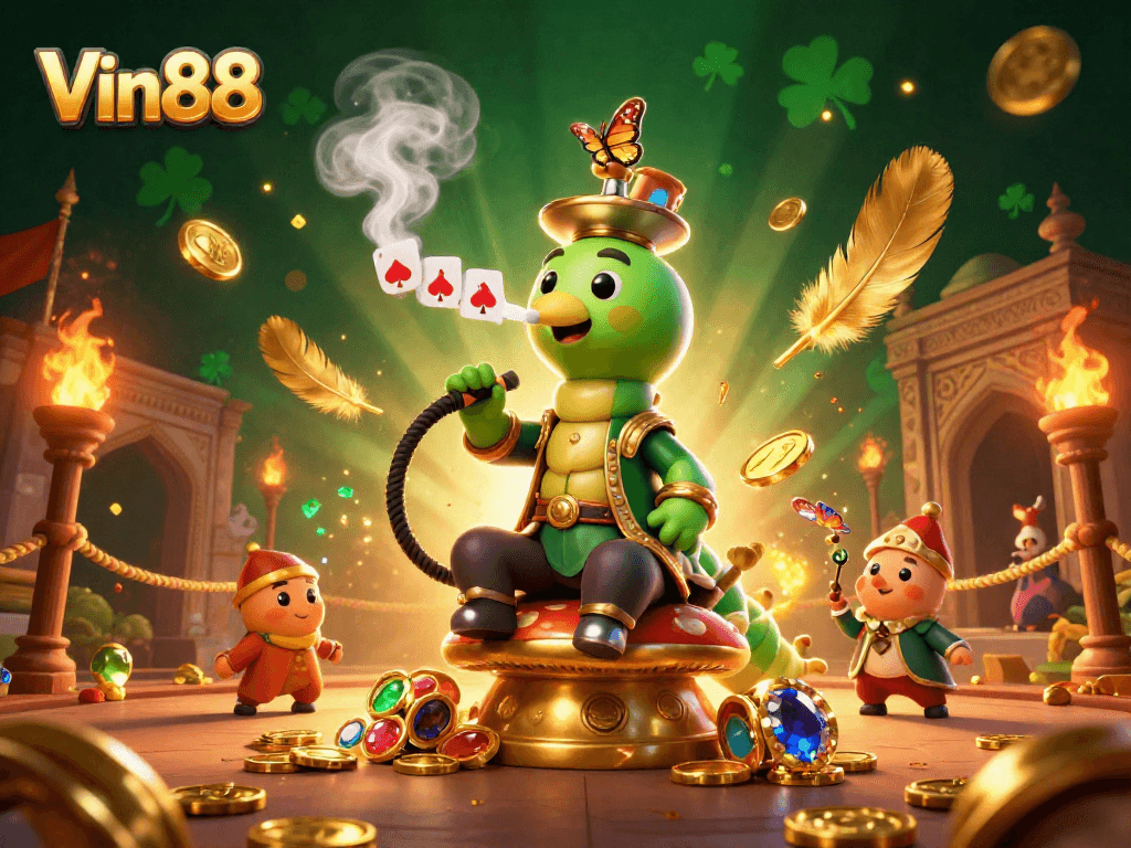 Engage with Vin88's thrilling poker adventure in a vibrant, detailed casino-themed illustration.