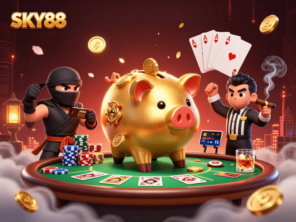 Join the exciting action at SKY88 with a golden piggy bank sumo wrestler amidst poker chips and dramatic gameplay.