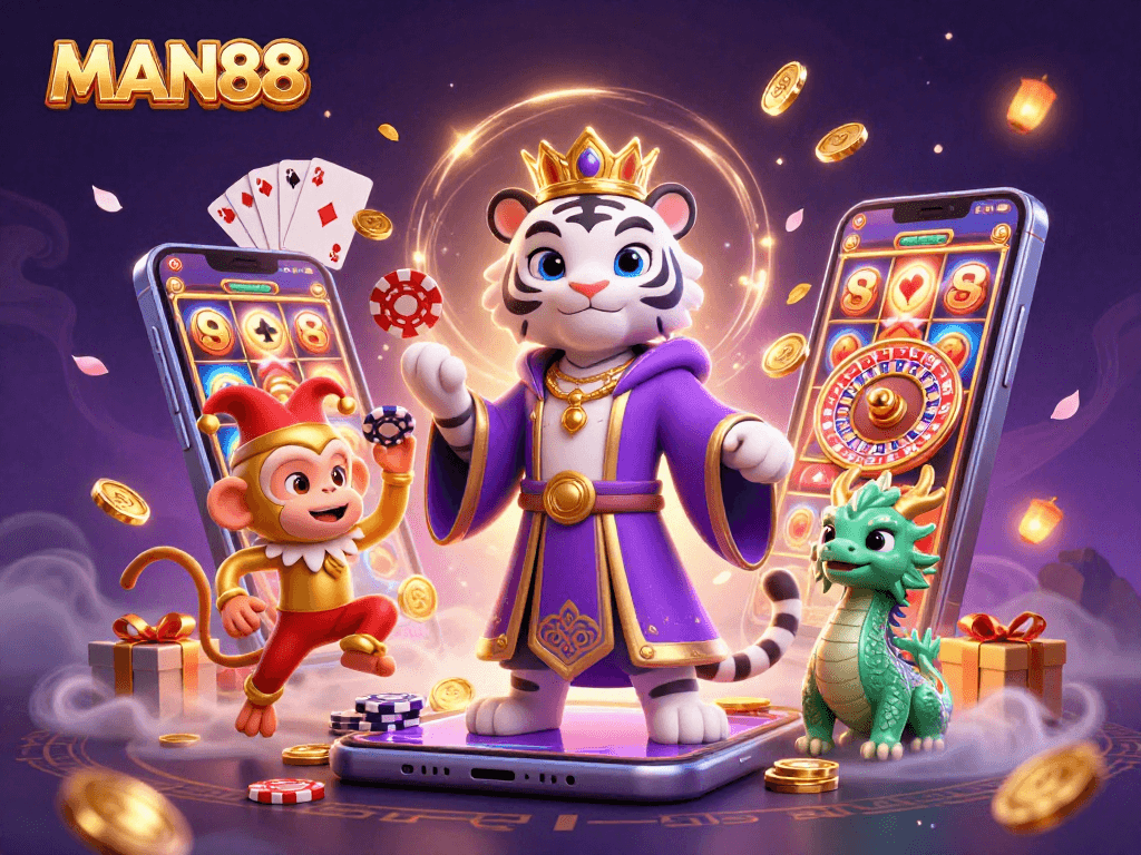 Experience the thrill of MAN88 with lively characters surrounded by a dynamic casino environment.