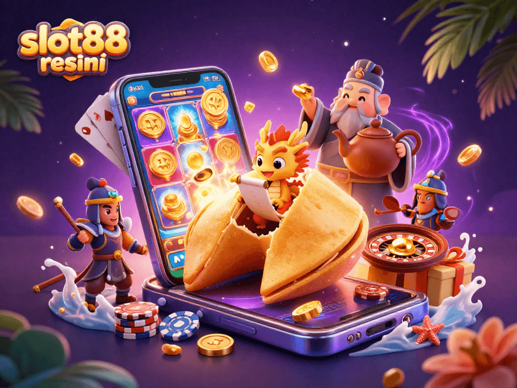 Experience the thrilling action of slot88 resmi with golden fortune cookie characters amidst vibrant casino elements.