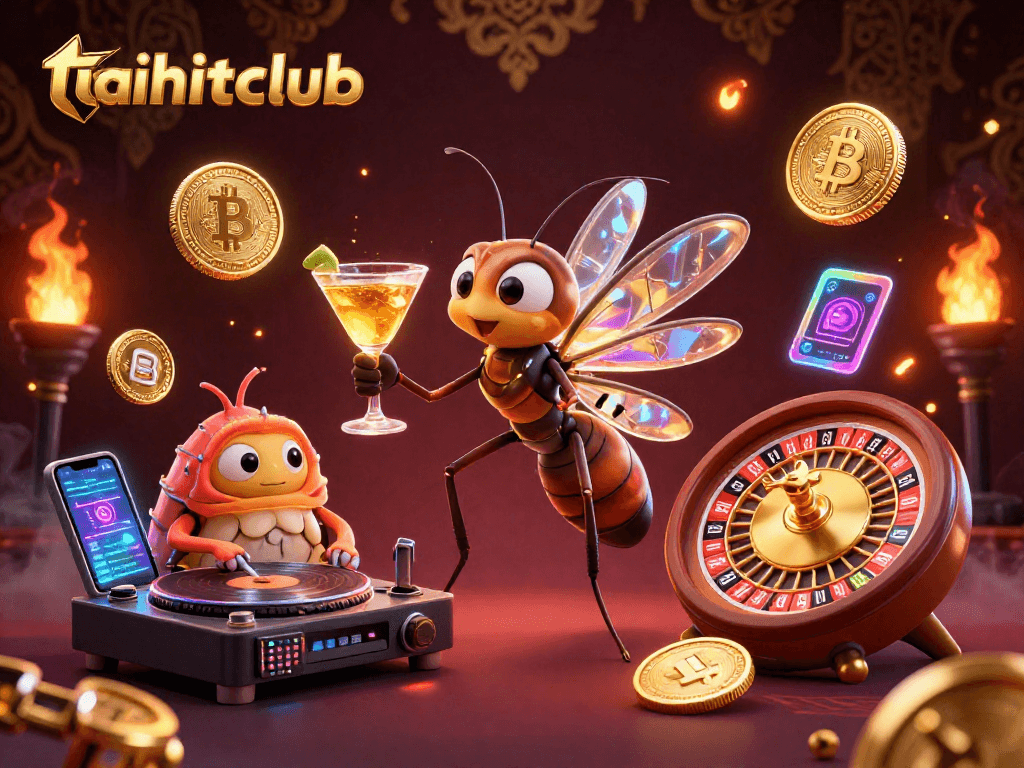 Experience gaming excitement with taihitclub's vibrant casino scene featuring animated characters and crypto elements.