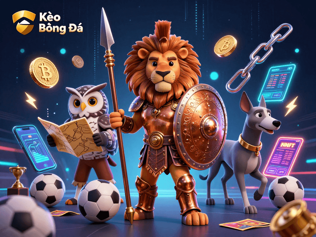 Kèo Bóng Đá sports betting scene showcasing a Spartan lion, tactical owl, and greyhound amidst vibrant digital elements.