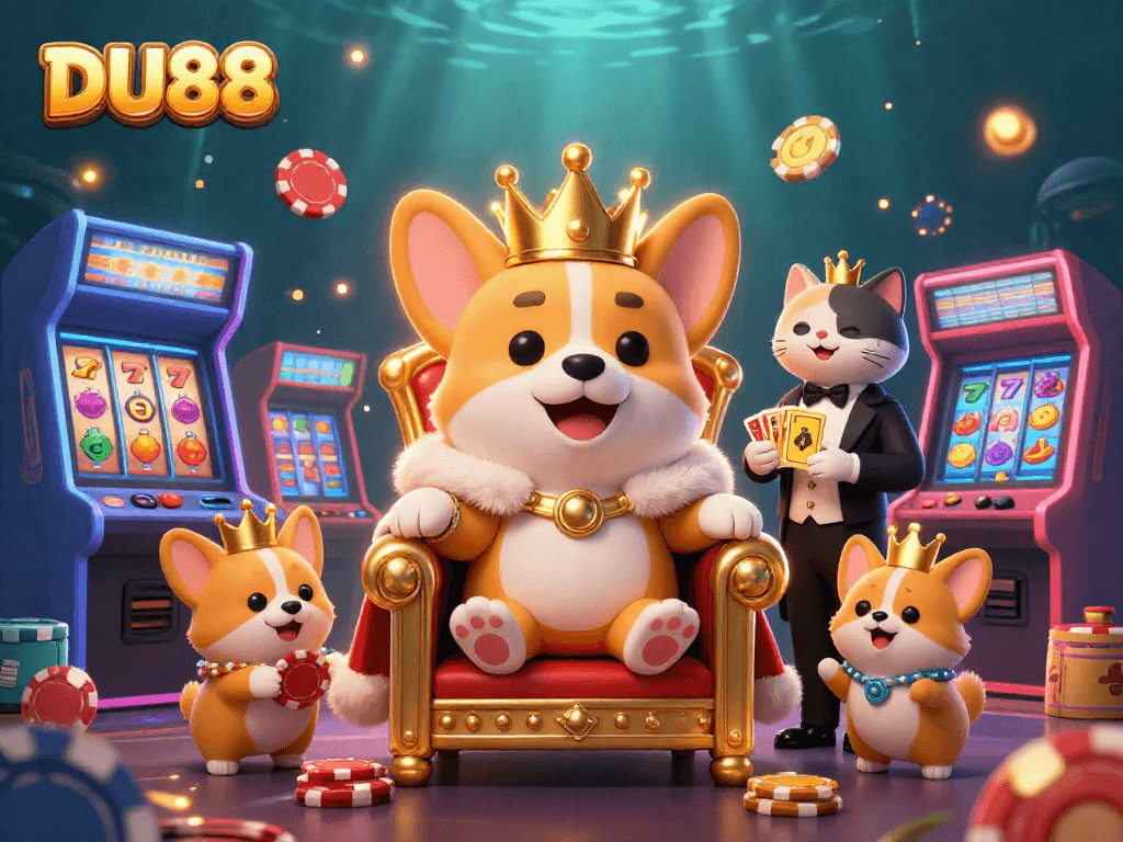 Engage in exciting gaming at DU88 with a charismatic royal corgi amid colorful casino elements.