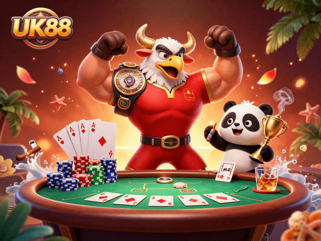 Experience thrilling gameplay with UK88's vibrant 3D characters celebrating a big poker win!