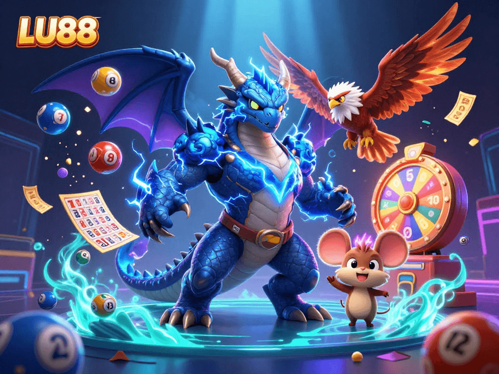 LU88 showcases thrilling gameplay with vibrant elements including lottery balls, dynamic prizes, and engaging characters.