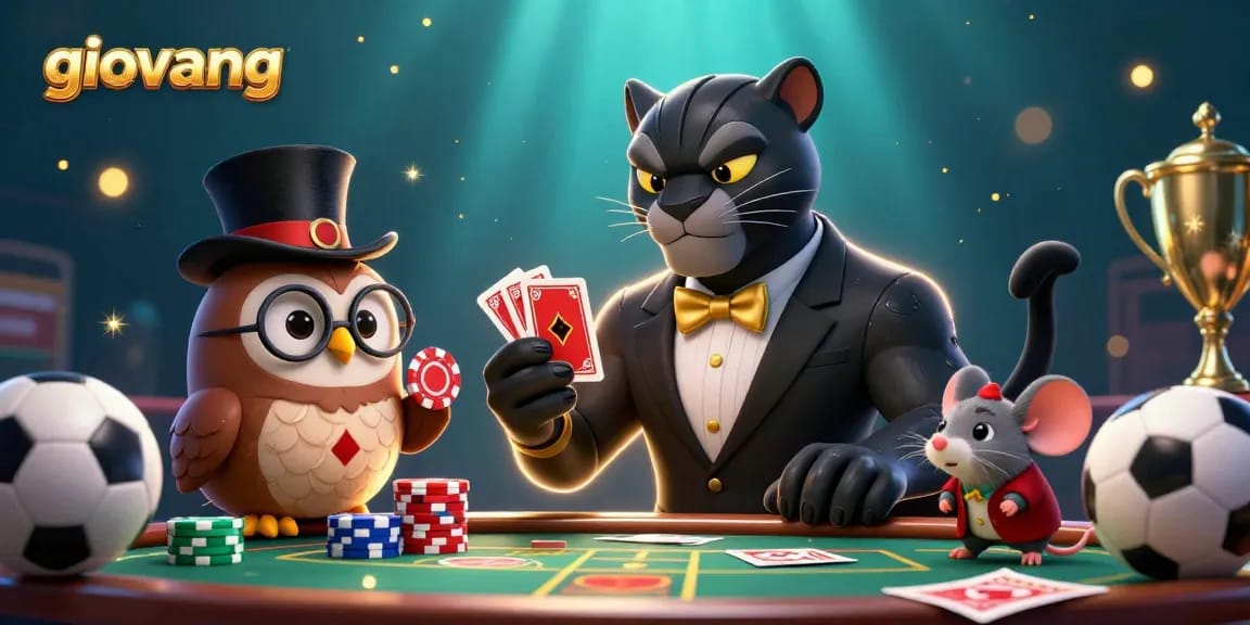 Watch giovang’s dynamic sports betting scene featuring a stylish black panther dealer, cute owl, and lucky mouse action.
