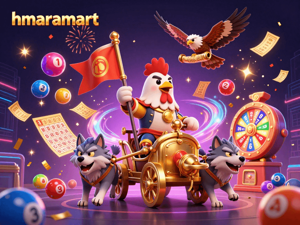 hmaramart showcases an energetic 3D cartoon scene celebrating lottery excitement and rewards.