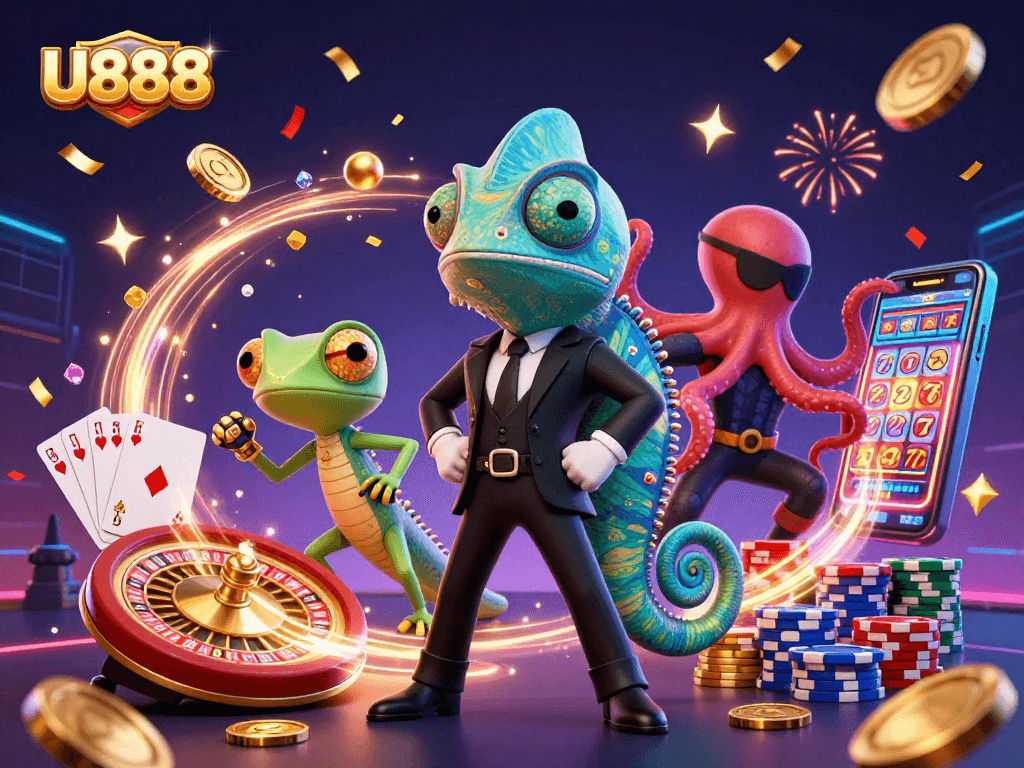 Experience thrilling gameplay at U888 with a dynamic scene featuring colorful casino elements.