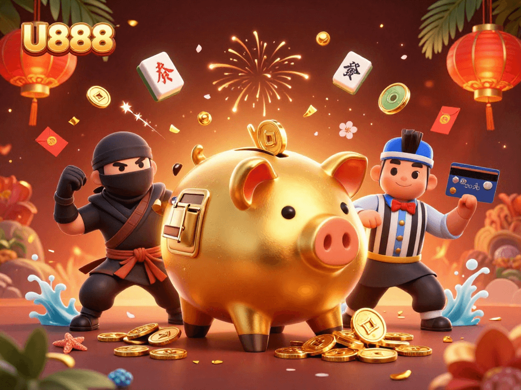 Experience the thrilling action at U888 with a dynamic scene of a golden piggy bank sumo wrestler surrounded by coins and festive elements.