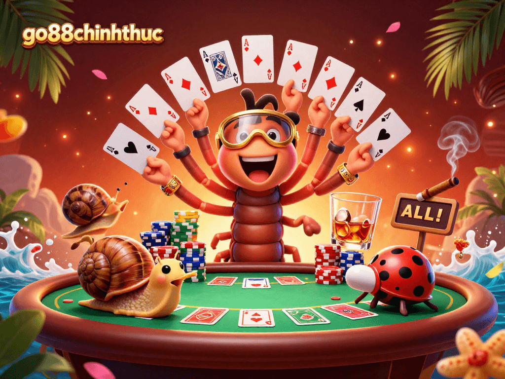 Experience the thrill of go88chinhthuc with vibrant casino action featuring a cartoon dealer and high-rollers.
