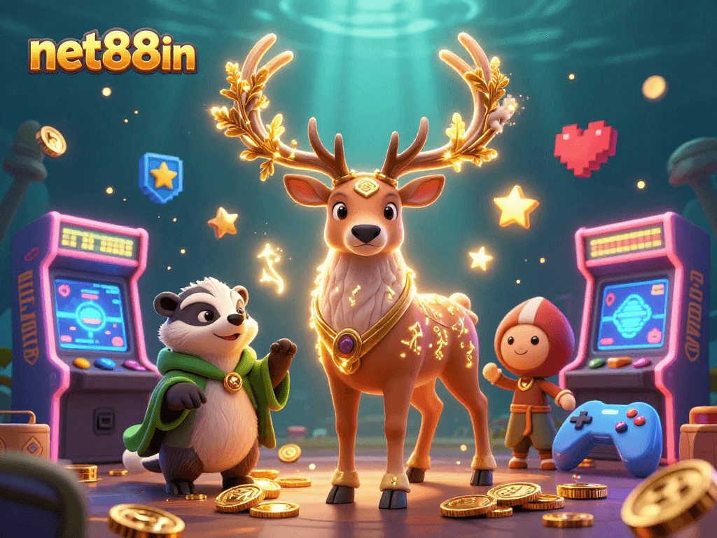 Experience vibrant gaming thrills with net88in's engaging characters and arcade elements in an enchanting 3D scene.