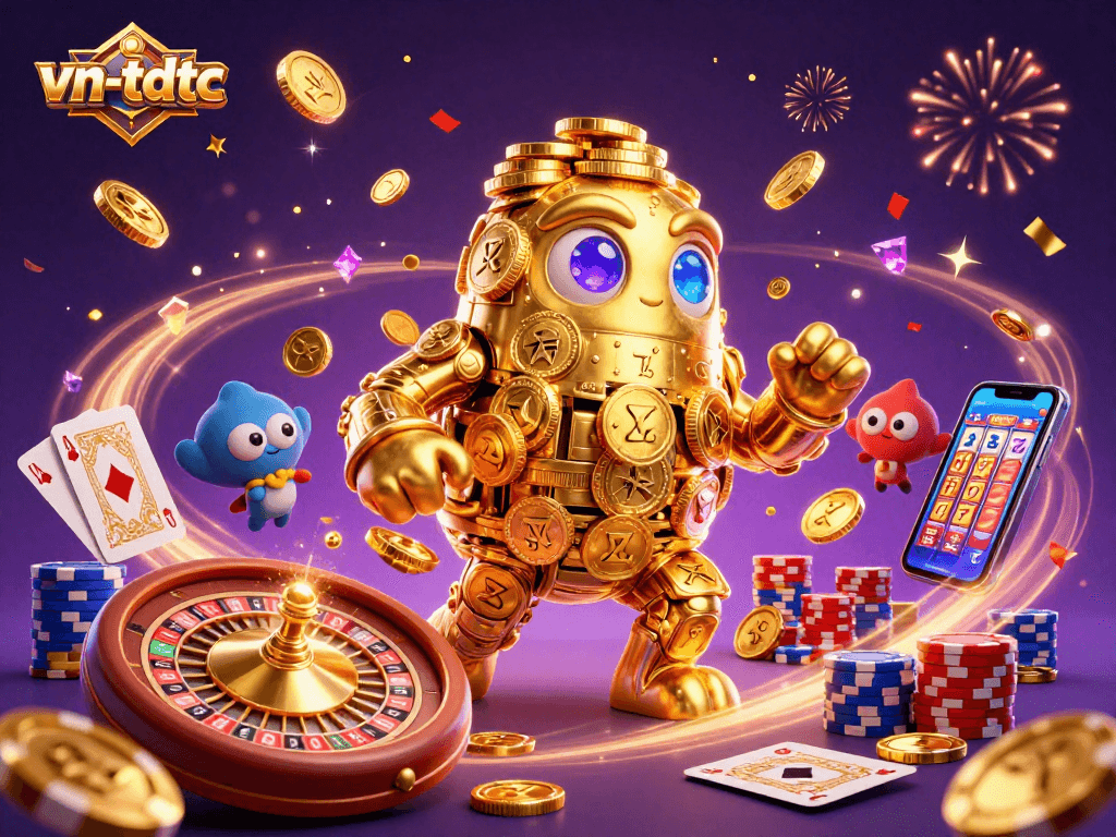 Spin to win with vn-tdtc's colorful casino golem amid golden coins and dynamic gaming elements.