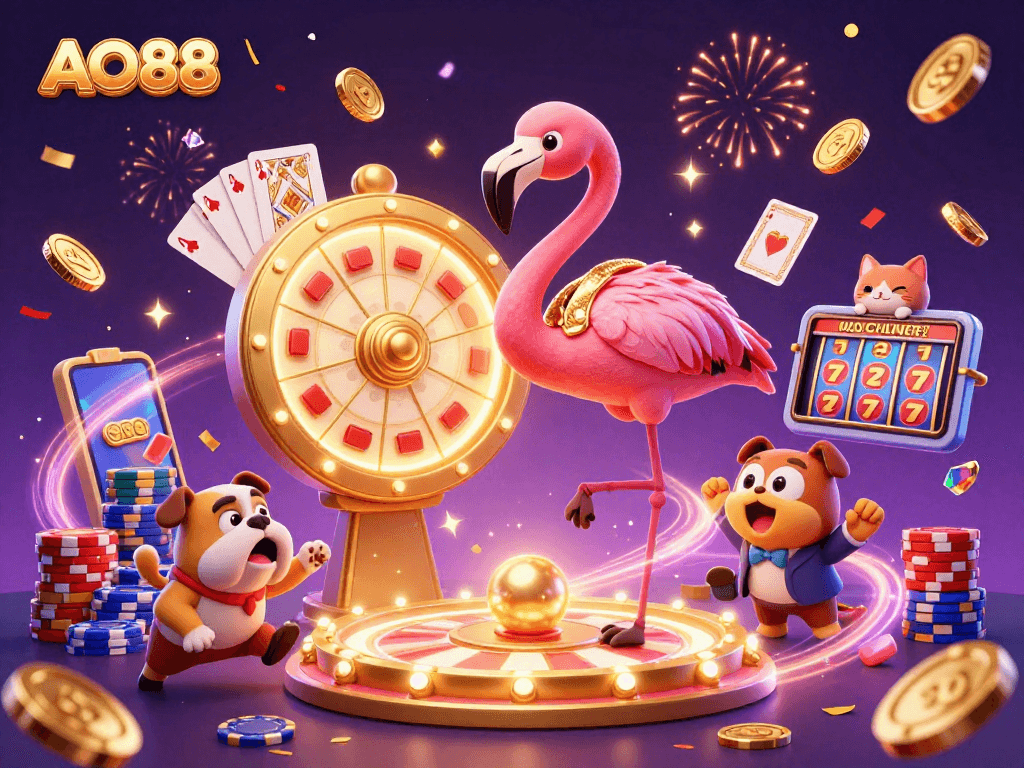 Spin to win big at AO88 with a dynamic casino scene featuring vibrant characters and prize elements.