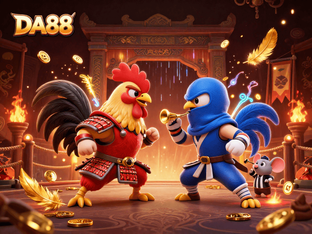 DA88 showcases action as fighting roosters clash in an electrifying casino-themed arena.