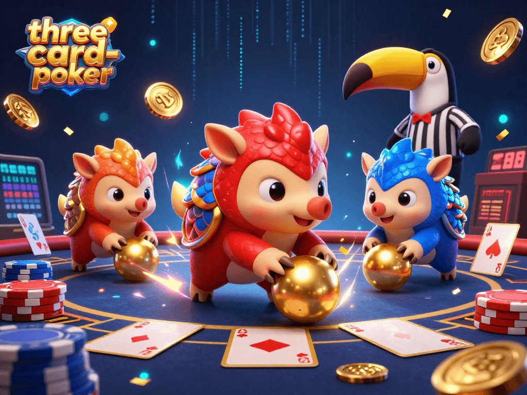 Experience the excitement of three-card-poker with dynamic pangolin characters amid poker chips.