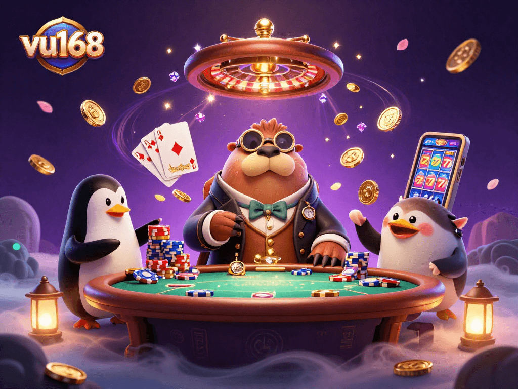The walrus and friends play poker in an underwater casino, showcasing vu168 excitement and dynamic gambling elements.