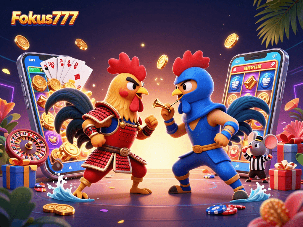 Engage with Fokus777's thrilling game scene featuring dynamic roosters, vibrant slot games, and gambling elements.