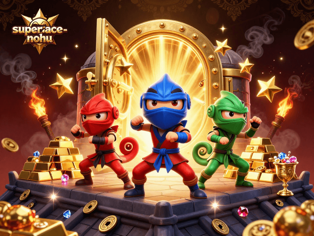 Engage with the action in superace-nohu, featuring colorful chameleon ninjas amidst a gold treasure scene.