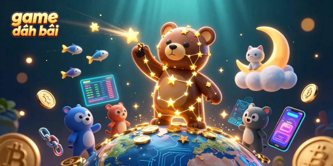 Win big with game đánh bài in a vibrant 3D casino scene showcasing colorful characters and crypto elements.