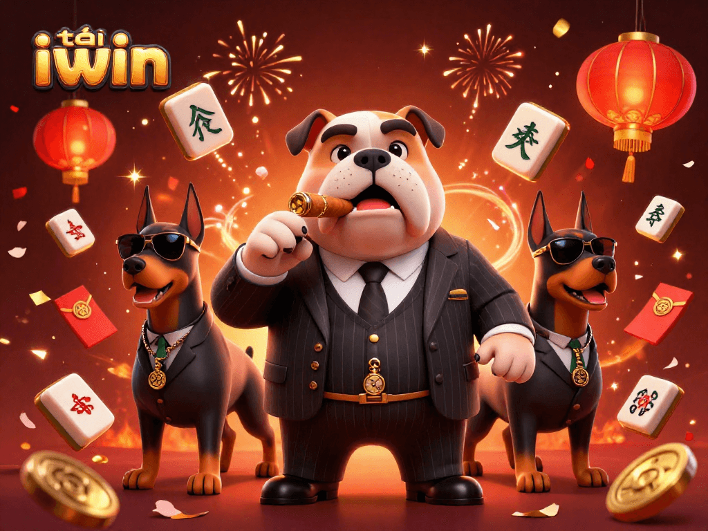 Engage in exciting gameplay with tải iwin, featuring a mafia boss bulldog flanked by Doberman bodyguards.