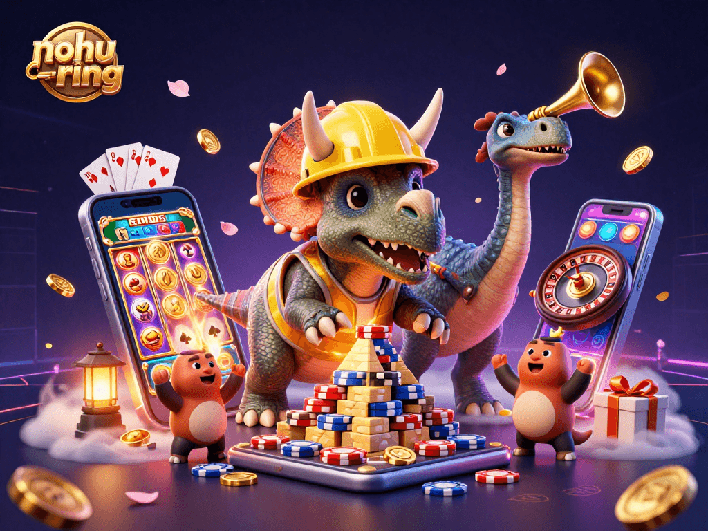 Experience the excitement of nohu-ring with colorful slots and jackpot celebrations in this 3D illustration.