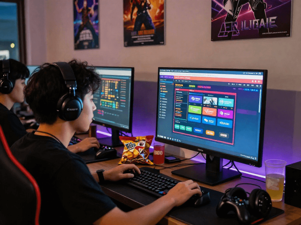 Exciting scene of a player engaging with situs togel on a vibrant betting platform at night, snacks and drinks around.