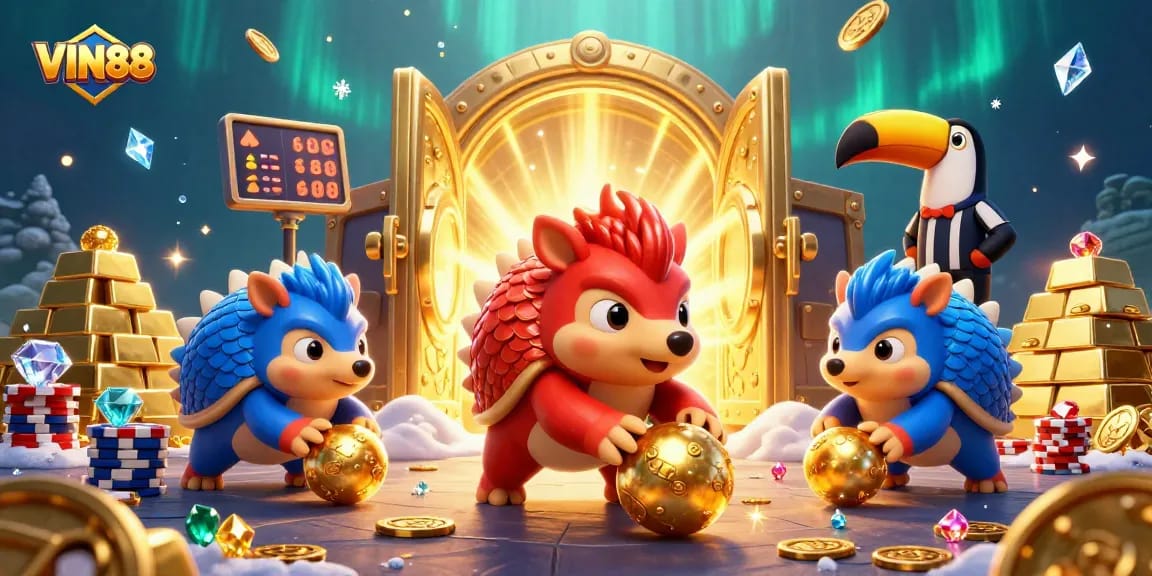 VIN88 showcases rival pangolins bowling through poker chips in a vibrant casino scene.
