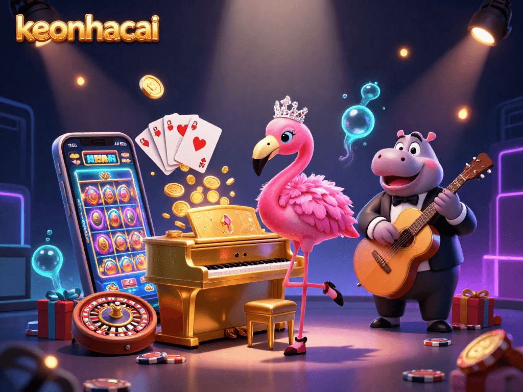 Experience the vibrant gaming world of keonhacai with a lively casino scene featuring animated characters and game elements.