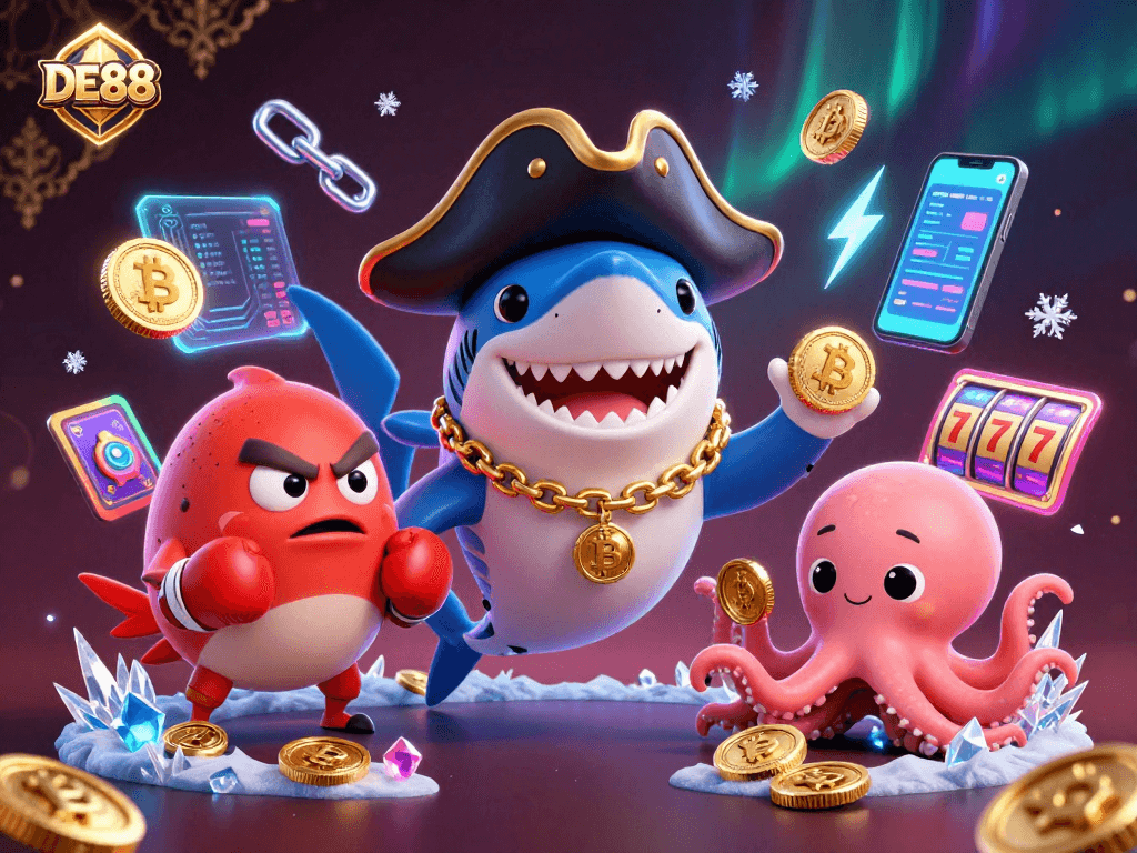 Engage with DE88, a vibrant casino world where a shark, pufferfish, and octopus thrive among glowing crypto coins.