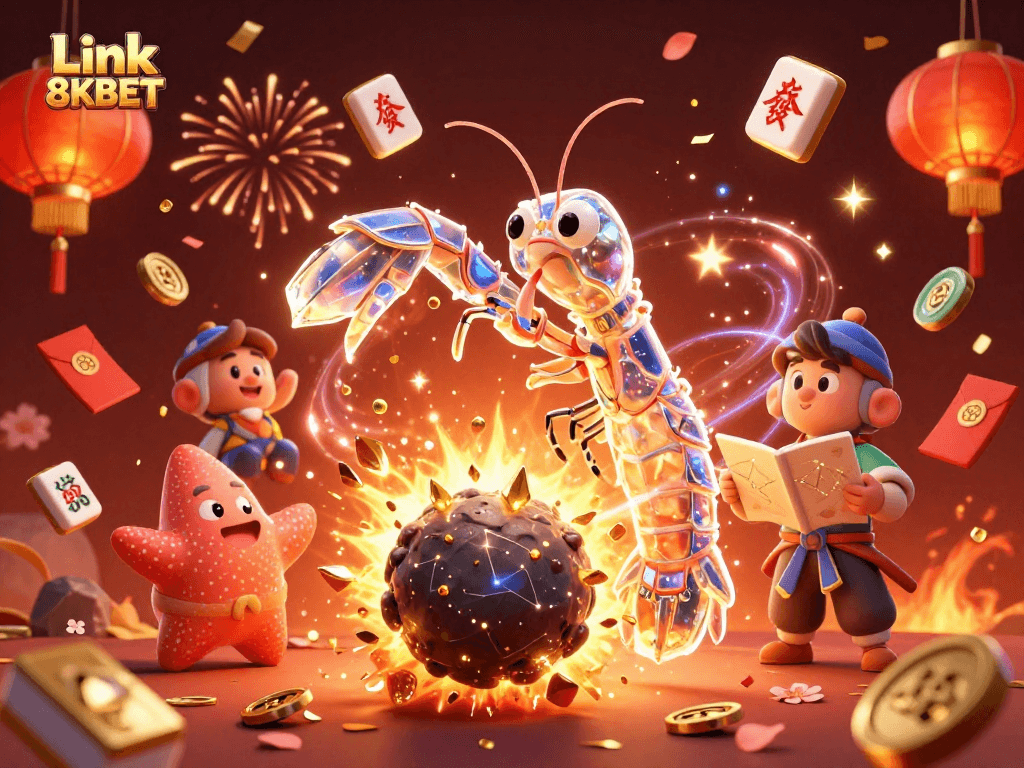Experience winning thrills with Link 8KBET in a vibrant 3D casino explosion of gems and coins.