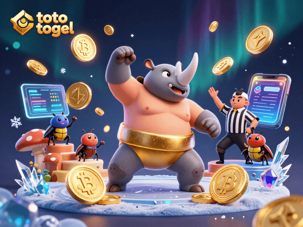 Toto togel players winning big with lively animations featuring a rhinoceros beetle sumo champion and thrilling betting elements.