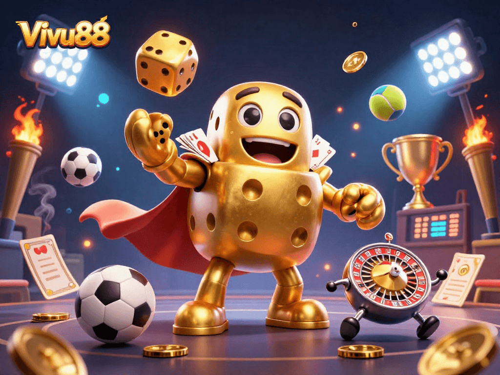 Experience thrilling betting action with Vivu88's dynamic online gambling scene featuring golden dice and sports elements.