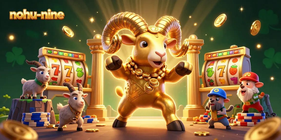 Experience the thrill of nohu-nine as the massive golden ram charges through a dynamic casino scene.