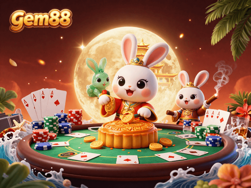 Play poker with gem88 featuring a whimsical moon rabbit scene and vibrant casino elements.