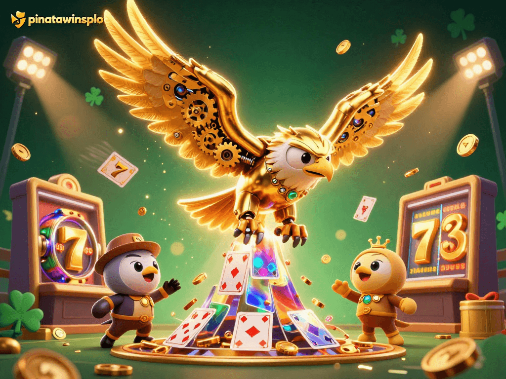 Engage in thrilling gameplay at pinatawinsslot, featuring an eagle diving through a cascade of holographic cards and vibrant game elements.