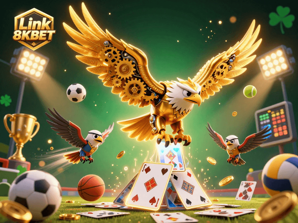 Experience thrilling action with Link 8KBET as a majestic golden eagle dives through a cascade of holographic cards.