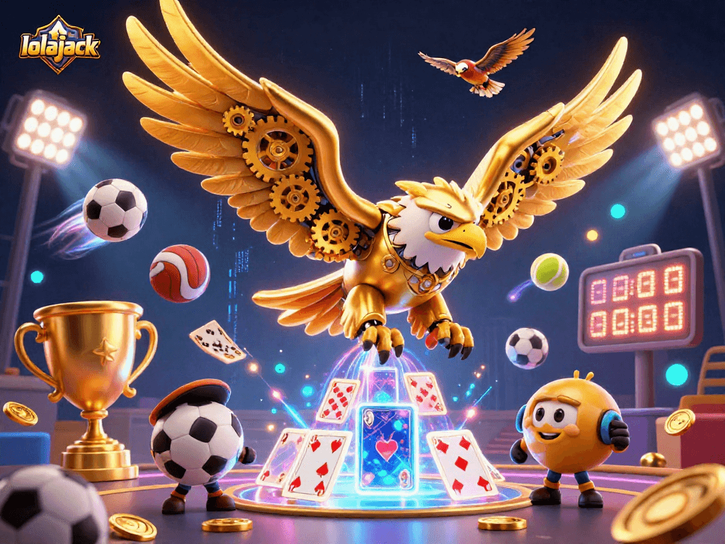 Engage in thrilling gameplay with lolajack as the golden eagle dives through a cascade of cards.