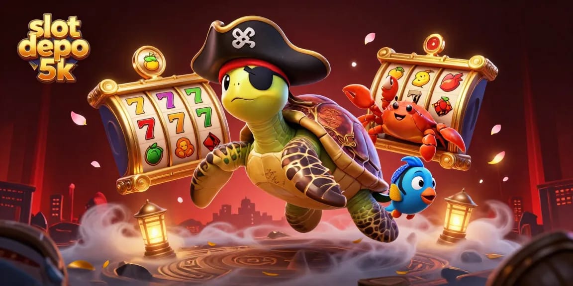 Engage in thrilling games at slot depo 5k featuring vibrant characters, slot reels, and dynamic treasure.