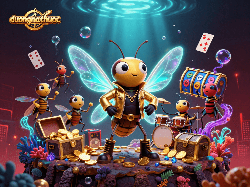 Engage with duongmatchuoc's thrilling game experience as the vibrant characters interact with colorful slot reels and treasure.