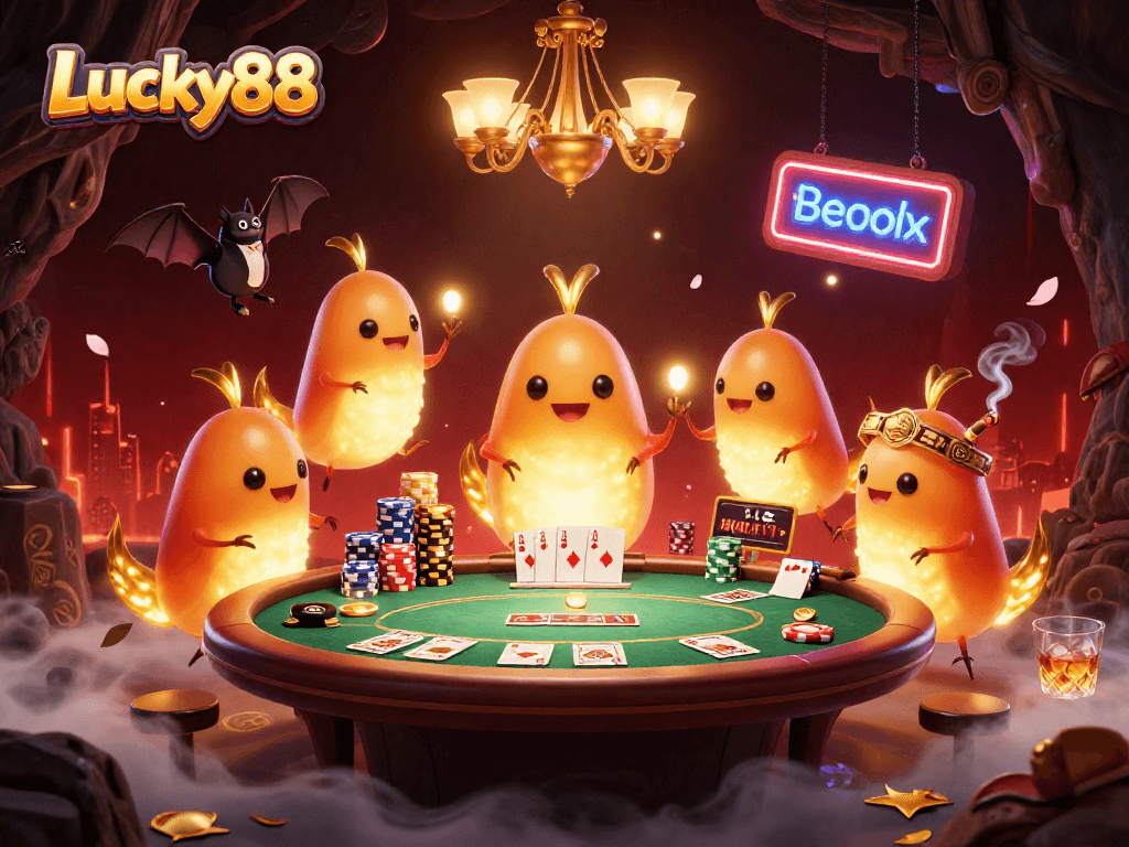 Experience the excitement of Lucky88 with glowworms illuminating a vibrant cave casino scene.