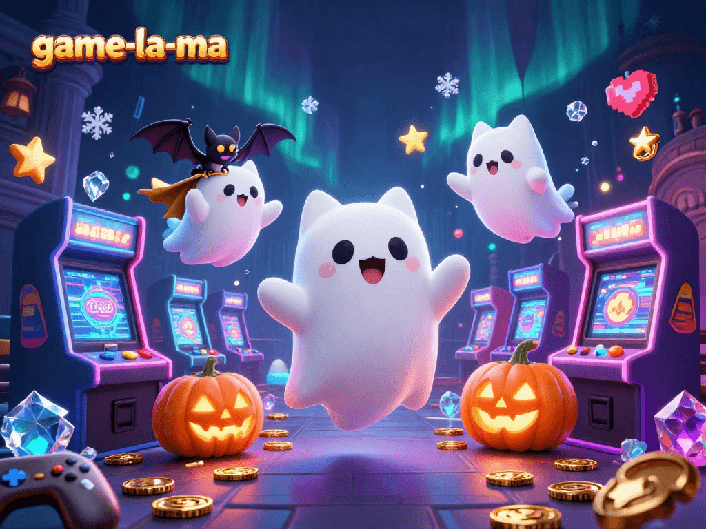 The playful ghost cat in the haunted casino engages with vibrant arcade themes at game-la-ma.