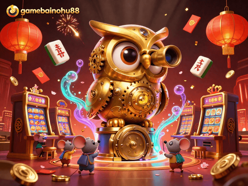 Engage with gamebainohu88 through a vibrant scene depicting a golden owl in a lively casino filled with excitement.
