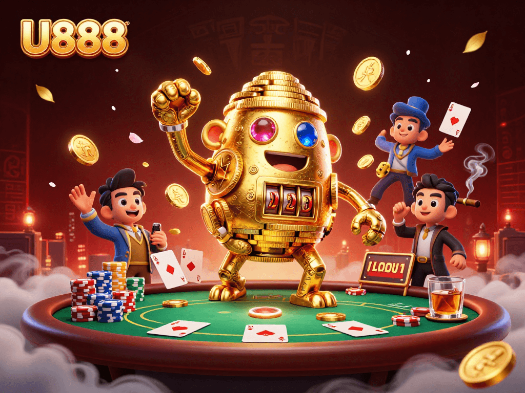 U888 introduces a captivating casino experience with a golden golem, poker elements, and vibrant game atmosphere.